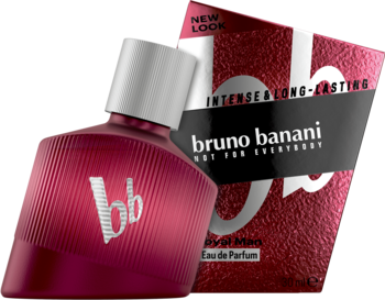 Bordowy, fasetowany flakon perfum Bruno Banani Loyal Man EDP z białym logo; teksturowane pudełko w tle.