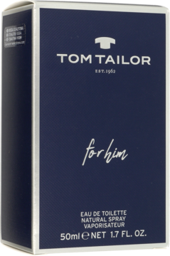 Ciemnoniebieskie pudełko Tom Tailor for him Eau de Toilette 50ml, z białym napisem, widok z przodu.