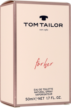 Jasnoróżowe pudełko perfum Tom Tailor For Her EDT 50 ml, widok z przodu pod kątem, z czerwonym napisem.