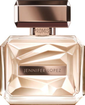 Jennifer Lopez Promise, woda perfumowana w fasetowanej butelce w kolorze różowego złota, z napisem JENNIFER LOPEZ.