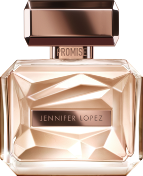 Jennifer Lopez Promise, woda perfumowana w butelce o fasetowanym, różowo-złotym kształcie z metalową nakrętką.