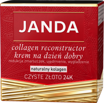 Janda Collagen Reconstructor krem na dzień dobry, czerwono-złote opakowanie z napisem CZYSTE ZŁOTO 24K.