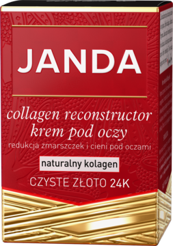 Janda Collagen Reconstructor krem pod oczy, czerwone pudełko z złotymi paskami, napisy CZYSTE ZŁOTO 24K, widok z przodu.