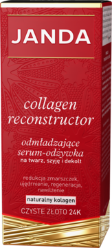 Janda Collagen Reconstructor serum w czerwonym pudełku ze złotymi detalami, widok z przodu, z napisem 24K Gold.