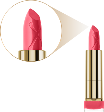 Max Factor Colour Elixir pomadka Bewitching Coral, zbliżenie sztyftu i cały flakon w złotej obudowie.