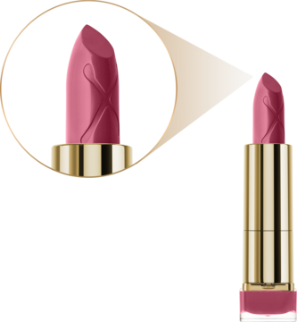 Nawilżająca różowa pomadka Max Factor Colour Elixir Firefly, w złotej obudowie, zbliżenie z detalami logo.