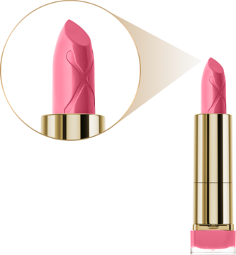 Różowa pomadka Max Factor Colour Elixir English Rose, złota baza, zbliżenie na nawilżający sztyft z logo X.