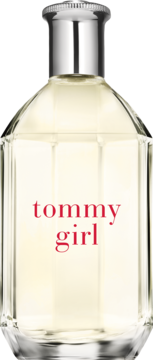 Tommy Girl, kwiatowo-owocowa woda toaletowa w przezroczystej butelce z czerwonym napisem i srebrnym korkiem, widok z przodu.