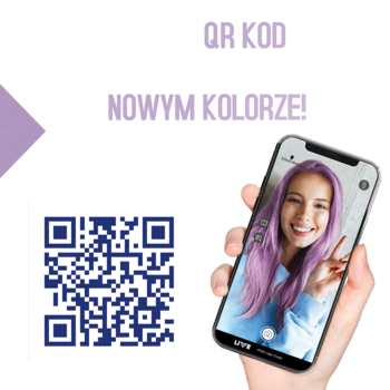 Smartfon z kobietą z fioletowymi włosami i uśmiechem, obok kod QR dla farby Schwarzkopf Live Pretty Pastels.