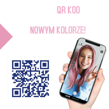 Smartfon z uśmiechniętą blondynką w różowych włosach obok QR kodu farby Schwarzkopf Live Pretty Pastels.