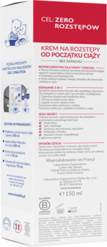 Tylna strona biało-czerwonego opakowania Mustela Maternite, kremu na rozstępy 150 ml, bez zapachu.
