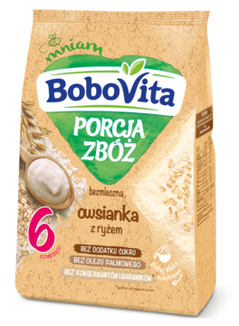 Beżowa torebka BoboVita Porcja Zbóż: bezmleczna owsianka z ryżem 6m+ bez cukru, widok z przodu.