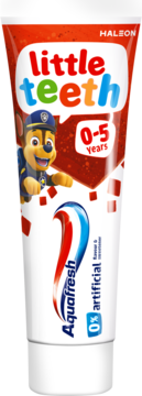 Czerwona tubka Aquafresh Little Teeth Paw Patrol pasta do zębów 0-5 lat z postacią Chase'a, widok z przodu.