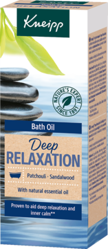 Kneipp Deep Relaxation Bath Oil in a blue & brown box with patchouli & sandalwood scents, front view.