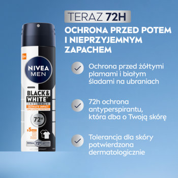 NIVEA MEN Black & White antyperspirant spray 72H, czarno-biała puszka, na niebieskim tle z opisem działania.
