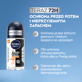 NIVEA MEN Black & White Antyperspirant roll-on 72h w czarno-białej butelce, widok z przodu na niebieskim tle.