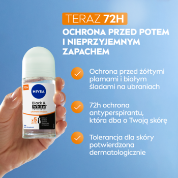 Dłoń trzyma antyperspirant NIVEA Ultimate Impact 72h roll-on. Biało-czarna butelka na niebieskim, gradientowym tle.