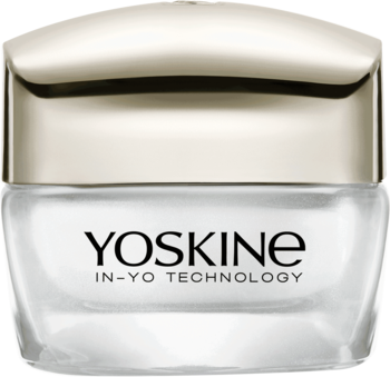 YOSKINE In-Yo Technology krem przeciwzmarszczkowy z nićmi jedwabiu, szklany słoik z jasnym wieczkiem.