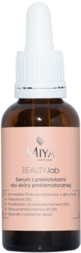 Miya BEAUTY.lab serum z prebiotykami do skóry problematycznej, brązowa butelka z białą pipetą, widok z przodu.