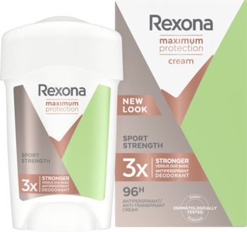 Rexona Maximum Protection Sport Strength antyperspirant w kremie, widok sztyftu i pudełka na białym tle.