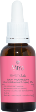 Miya Beauty.lab serum wygładzające, brązowa butelka z różową etykietą, widok z przodu. Anti-aging 5%.