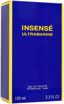 Granatowe pudełko Givenchy Insensé Ultramarine EDT 100ml z żółtymi brzegami i napisami, widok frontalny.