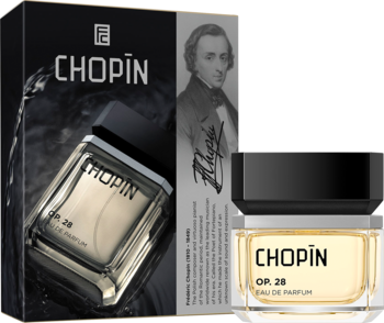 Chopin OP.28 woda perfumowana cytrusowo-wodna: Butelki z czarną nakrętką, jedna z pudełka, druga z portretem.