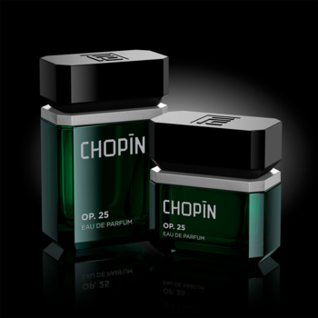 Dwie prostokątne butelki Chopin OP.25 Eau de Parfum, zielone szkło, czarne nakrętki, widok z przodu na ciemnym tle.