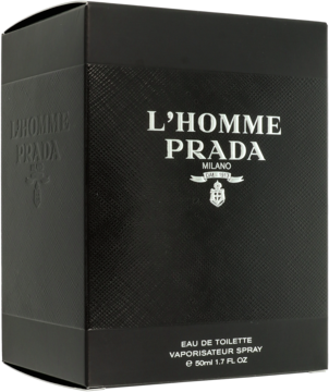 Czarne pudełko wody toaletowej Prada L'Homme Milano 50ml, z wytłaczanym wzorem, widok z przodu i boku.