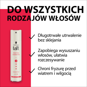 Lakier do włosów Taft Phyto-Keratin, biała butelka z różowymi detalami i napisem "DO WSZYSTKICH RODZAJÓW WŁOSÓW".