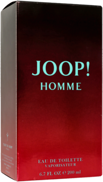 Czerwono-czarne pionowe pudełko perfum JOOP! Homme Eau de Toilette 200ml, z turkusowymi napisami, widok z przodu.