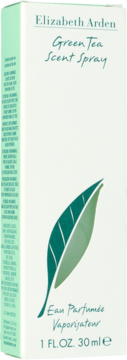 Elizabeth Arden Green Tea, woda perfumowana 30ml, białe pudełko z zielonym liściem, widok z przodu.