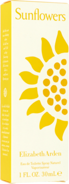 Front view of Elizabeth Arden Sunflowers Eau de Toilette perfume box, off-white with yellow text and sunflower graphic.