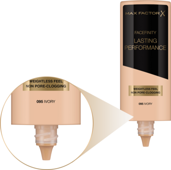 Max Factor Facefinity podkład Ivory, zbliżenie na aplikator, butelka z opisem "non pore-clogging".
