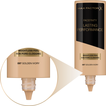 Podkład Max Factor Facefinity Lasting Performance 087 Golden Ivory, zbliżenie na dozownik i tekst o niezatykaniu porów.