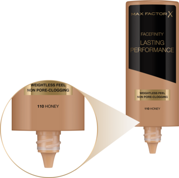 Podkład Max Factor Facefinity Lasting Performance Honey, butelka z pompką, zbliżenie na aplikator, nie zatyka porów.