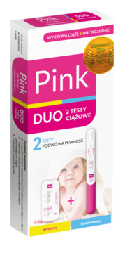 Różowe pudełko testu ciążowego Pink Duo. Zawiera 2 testy (płytkowy, strumieniowy), wykrywa ciążę wcześnie.