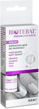 BIOTEBAL Serum Wzmacniające do Paznokci. Biało-fioletowe pudełko, front, z grafiką dłoni i butelki.