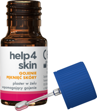 Help 4 Skin plaster w żelu na pęknięcia skóry, brązowa butelka z otwartą niebieską zakrętką z pędzelkiem.