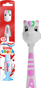 Aquafresh Little Teeth szczoteczka dla dzieci, biały jednorożec z różowymi detalami, w czerwonym opakowaniu.