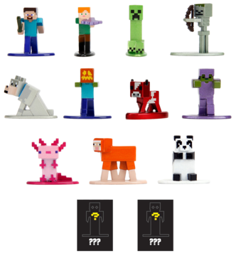 Widok zbiorczy metalowych figurek Minecraft (Steve, Creeper) oraz 2 czarne saszetki niespodzianki.
