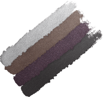 Ukośne swatche cieni Max Factor Colour Expert Mini Palette: jasnoszary, taupe, śliwkowy, ciemnoszary.