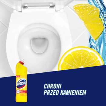 Żółty płyn Domestos Citrus Fresh obok białej muszli klozetowej, z cytrynami i napisem "CHRONI PRZED KAMIENIEM".