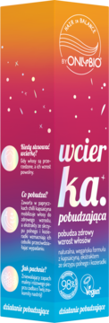 OnlyBio Wcierka pobudzająca, pionowe opakowanie z gradientem od pomarańczu do różu i błękitu, z białymi napisami.