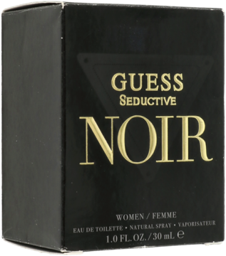 Czarne pudełko perfum Guess Seductive Noir Eau de Toilette dla kobiet, ze złotym logo, widok z przodu i boku.