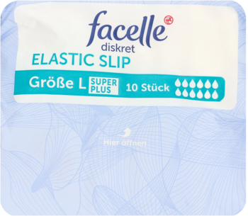 Jasnoniebieskie opakowanie facelle diskret ELASTIC SLIP L Super Plus 10 sztuk, pieluchomajtki, widok z przodu.