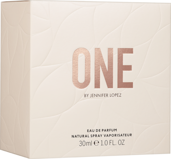Jasnoróżowe pudełko perfum Jennifer Lopez One 30ml z metalicznym napisem ONE i subtelnym wzorem, widok z boku.