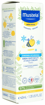 Krem Mustela Zimowa Ochrona Twarz z Cold Cream, białe opakowanie 40ml dla suchej skóry niemowląt.