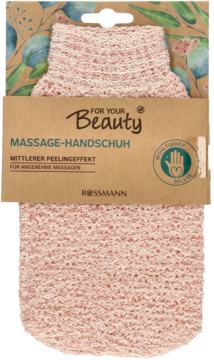 Jasnoróżowa rękawica peelingująca For Your Beauty Rossmann, widok z przodu na opakowaniu z roślinnym wzorem.