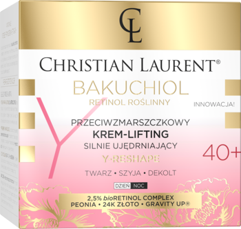 Christian Laurent Bakuchiol przeciwzmarszczkowy krem-lifting 40+ w biało-złotym pudełku, z różowym napisem.